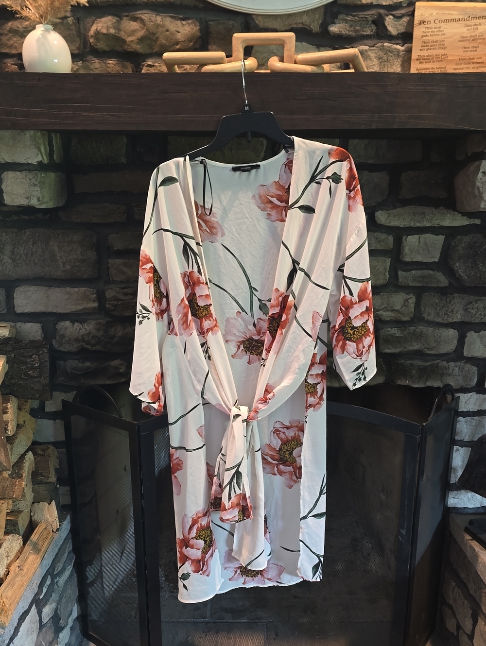 Forever 21 Cream Robe with Coral Floral Print
